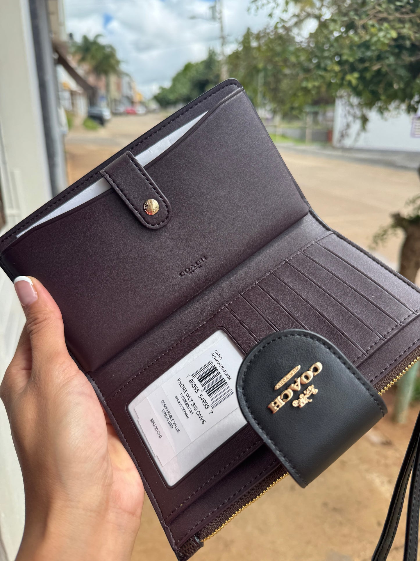 Phone Wallet COACH In Signature Canvas Gold/Walnut/Black