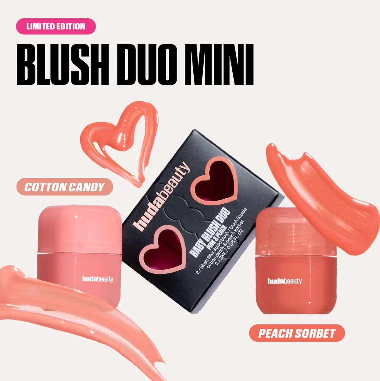 HUDA BEAUTY Mini Baby Blush Duo Set Tonos- Cotton Candy- Peach Sorbet