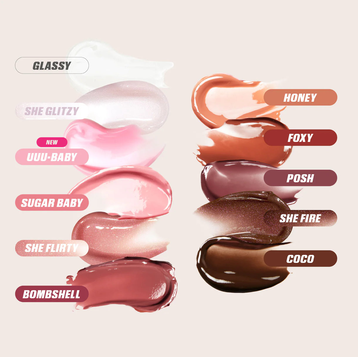 HUDA BEAUTY
Faux Filler Shiny Non-Sticky Lip Gloss Tono- UUU-BABY