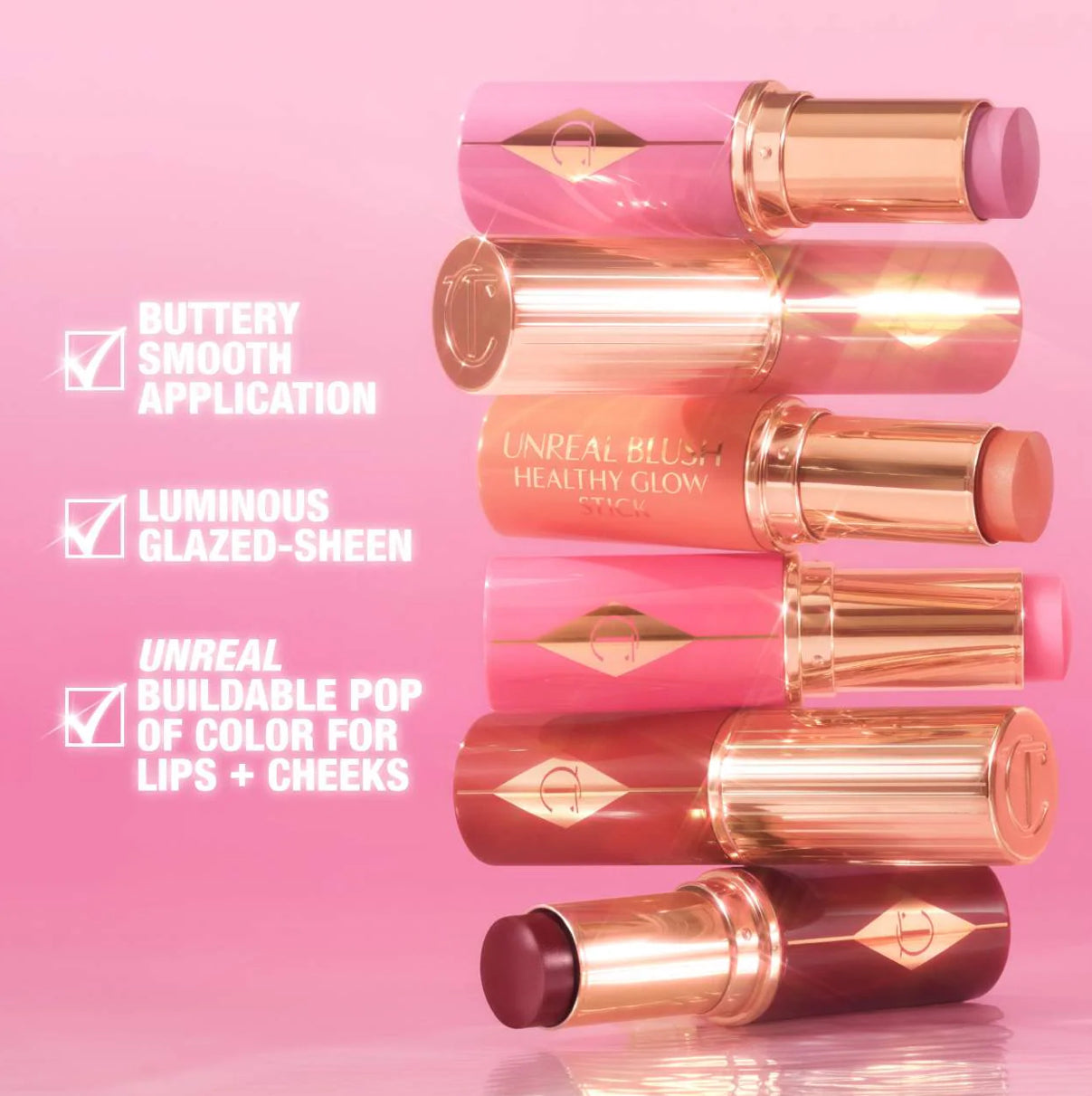 Charlotte Tilbury Unreal Lip + Cheek Glow Blush Stick with Hyaluronic- PINK GLOW