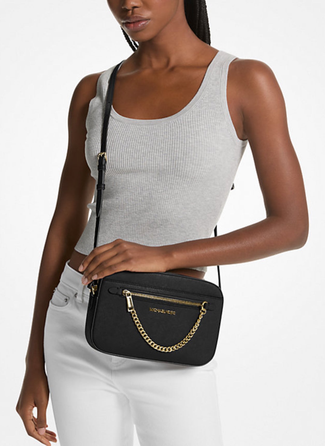 MICHAEL KORS OUTLET Jet Set Large Saffiano Leather Crossbody Bag Negra cadena Dorada