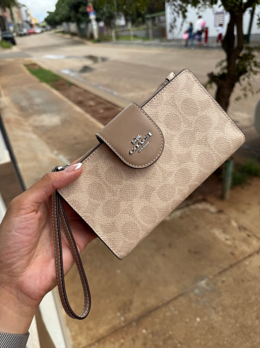 Phone Wallet COACH In Signature Canvas Silver/Sand/Taupe