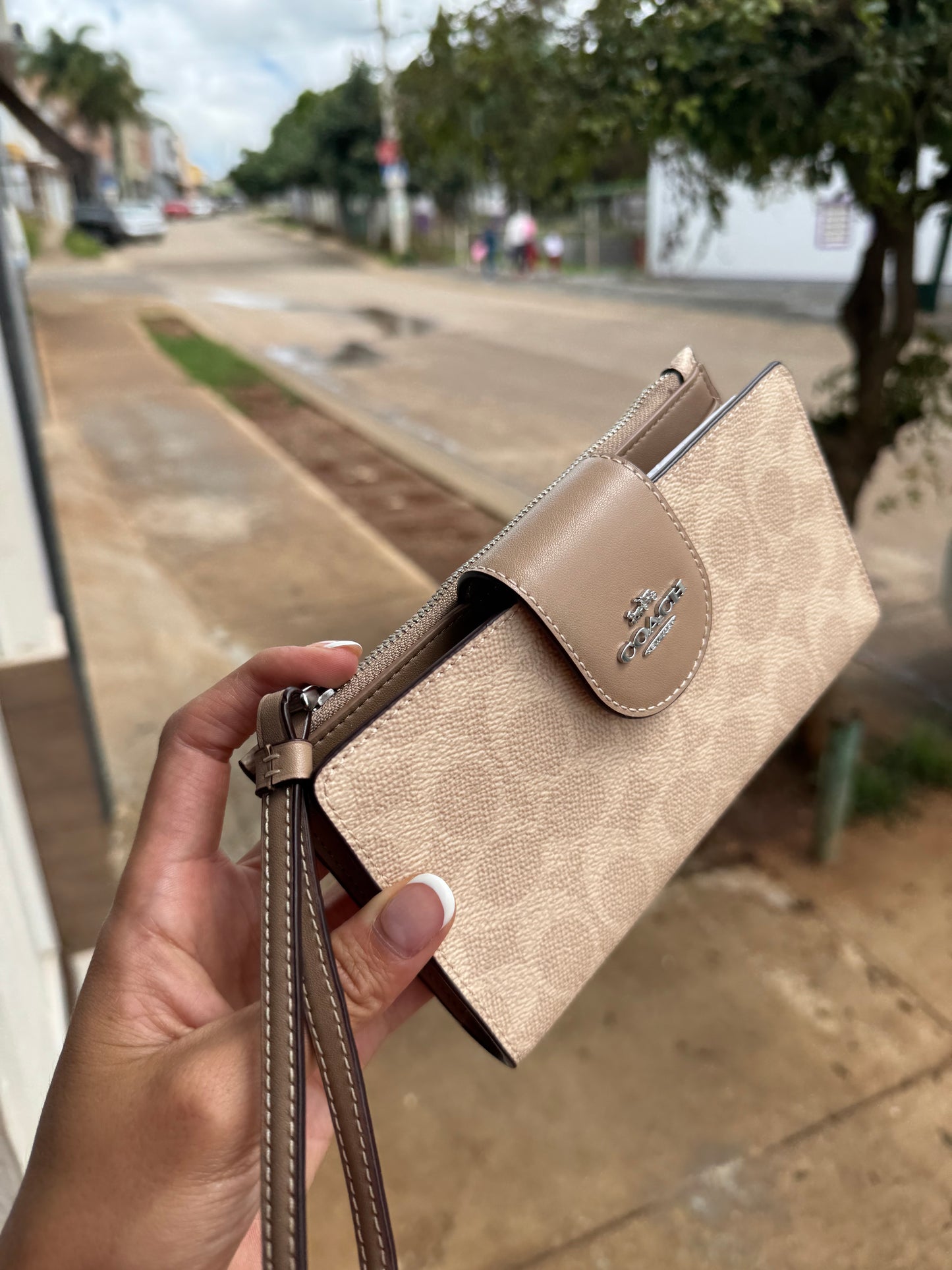 Phone Wallet COACH In Signature Canvas Silver/Sand/Taupe