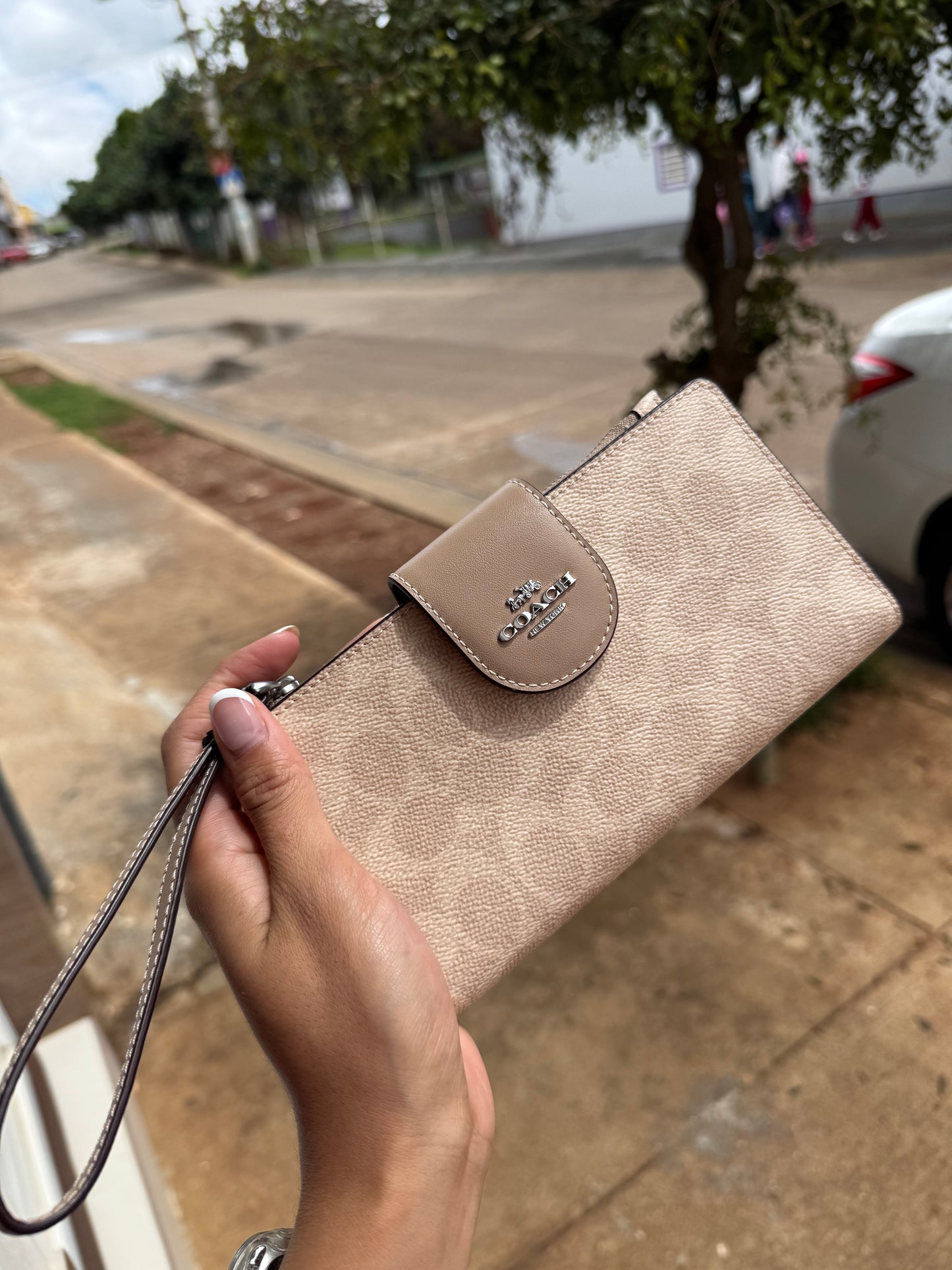 Phone Wallet COACH In Signature Canvas Silver/Sand/Taupe