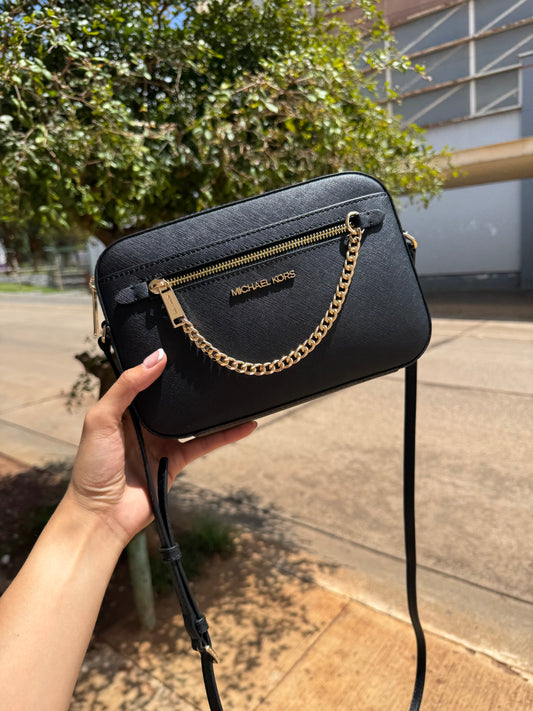 MICHAEL KORS OUTLET Jet Set Large Saffiano Leather Crossbody Bag Negra cadena Dorada