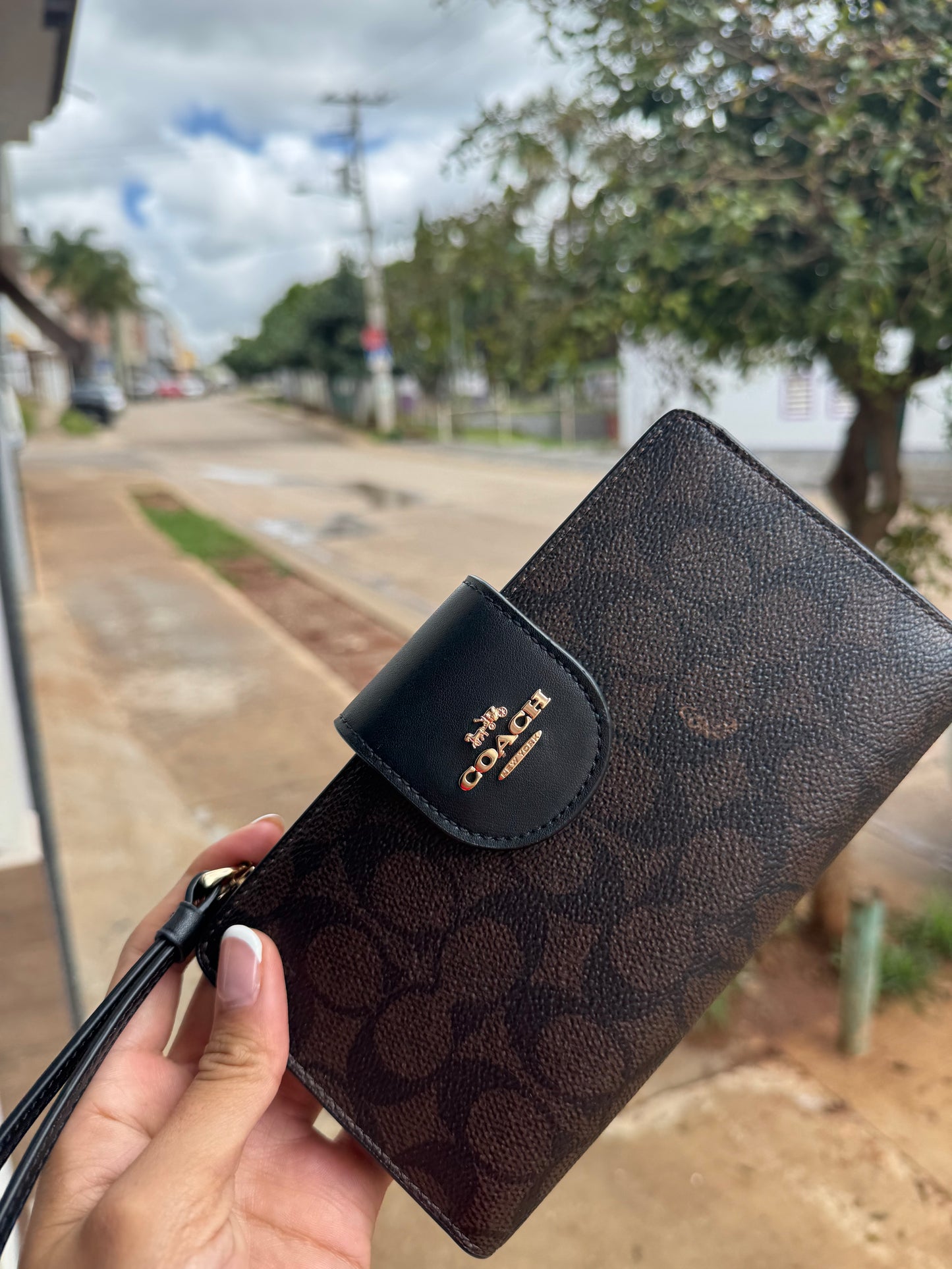 Phone Wallet COACH In Signature Canvas Gold/Walnut/Black