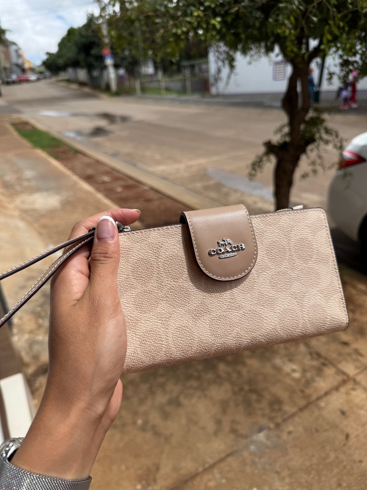 Phone Wallet COACH In Signature Canvas Silver/Sand/Taupe