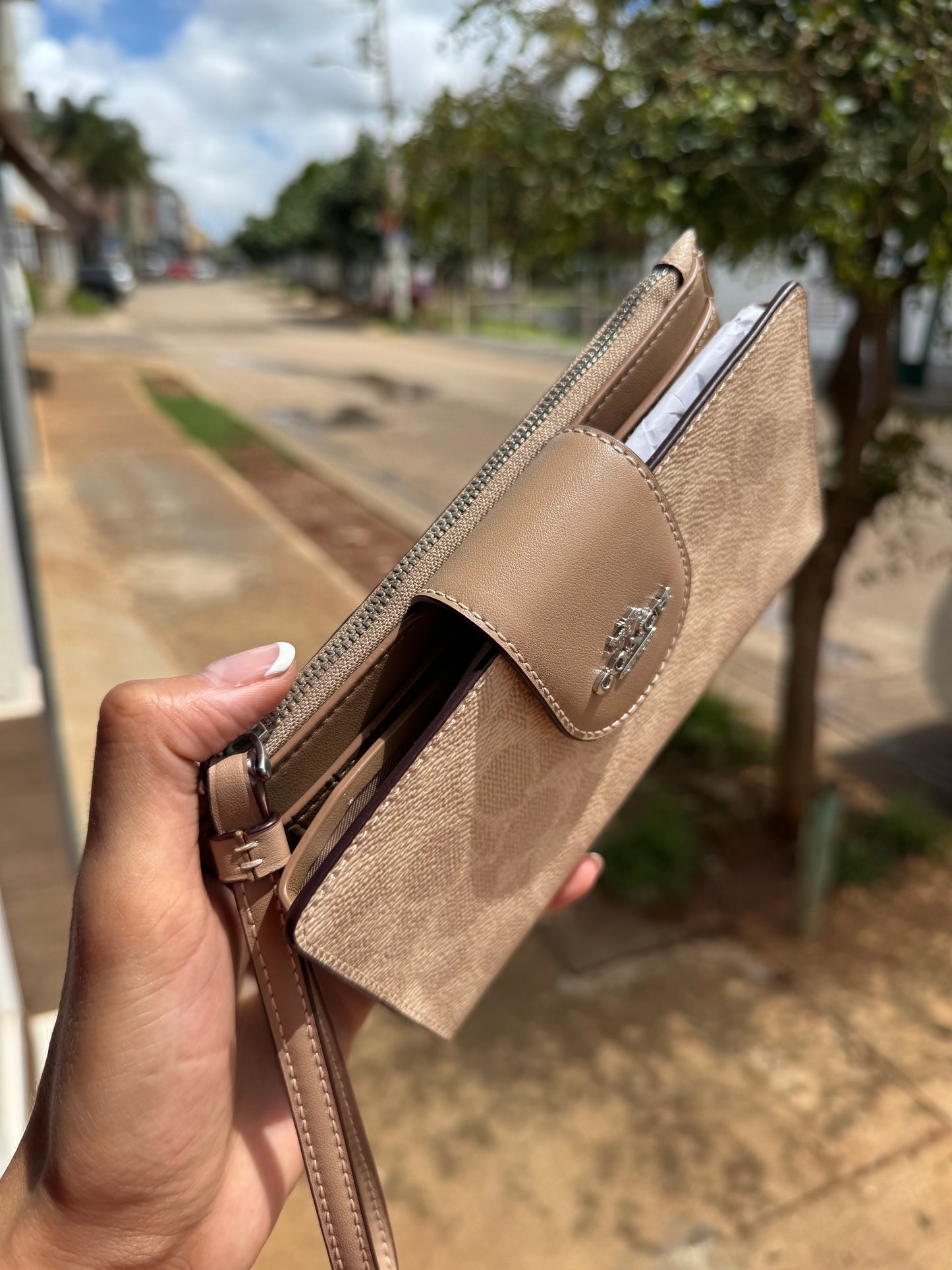 Phone Wallet COACH In Signature Canvas Silver/Sand/Taupe