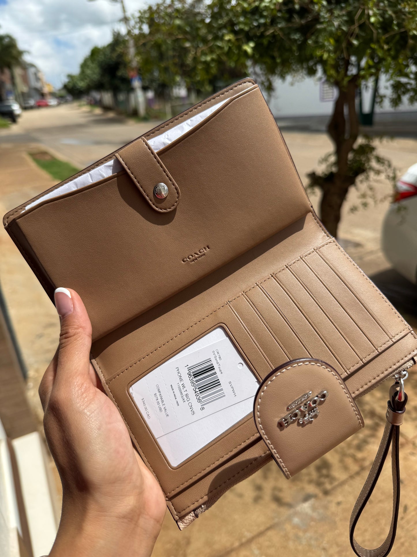 Phone Wallet COACH In Signature Canvas Silver/Sand/Taupe