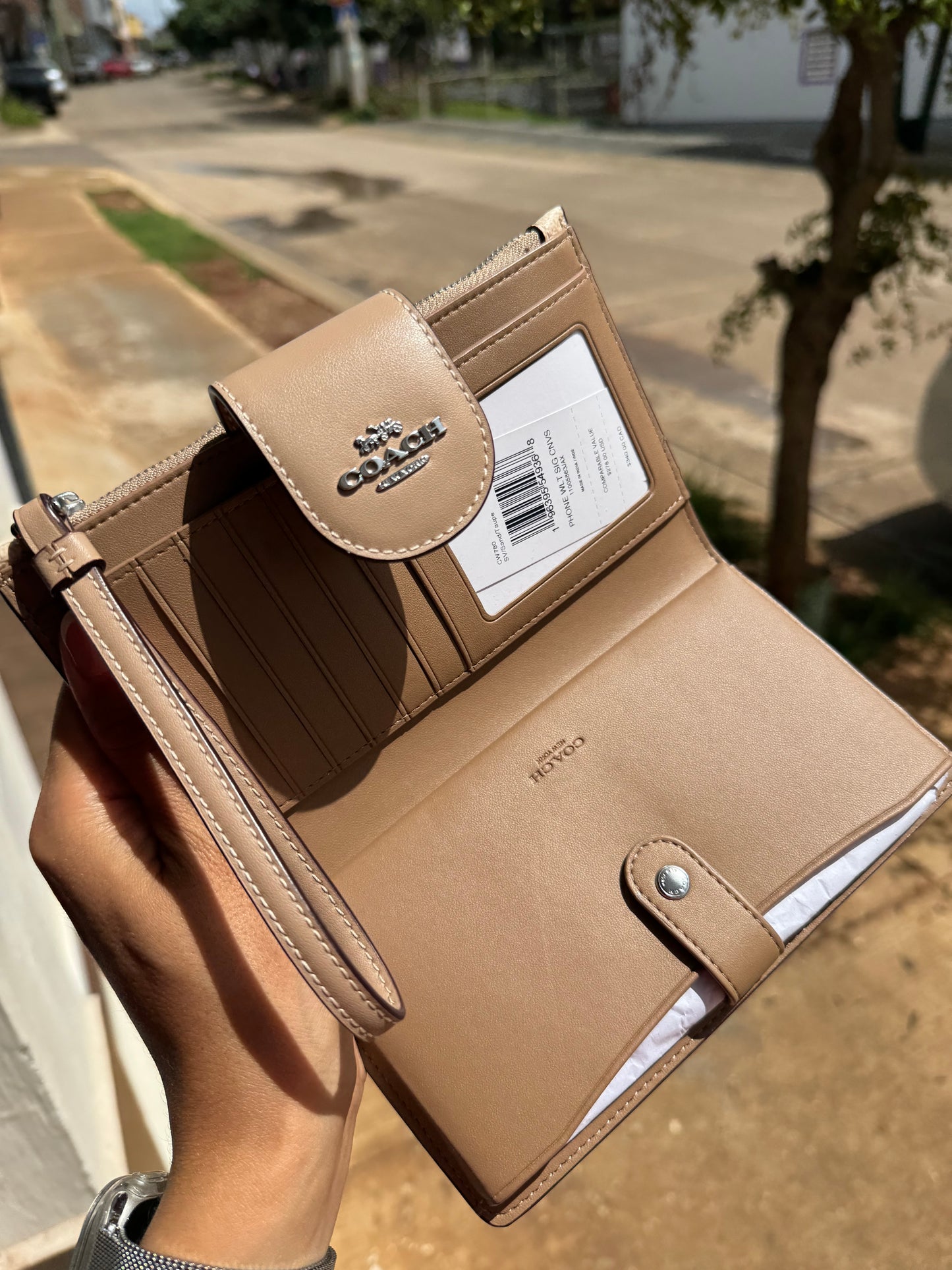 Phone Wallet COACH In Signature Canvas Silver/Sand/Taupe
