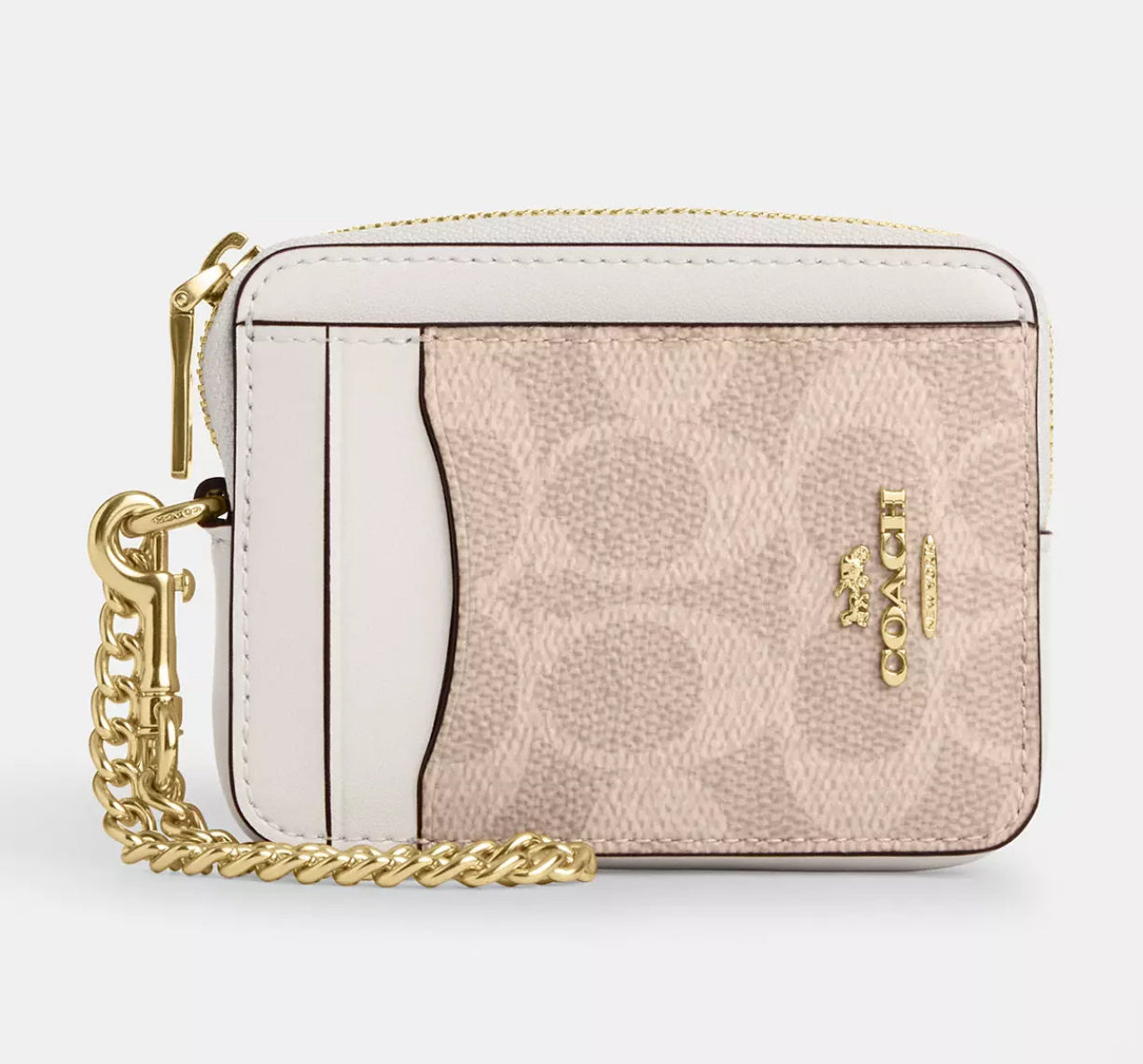 Zip Card Case Coach In Signature Canvas Beige con Blanco