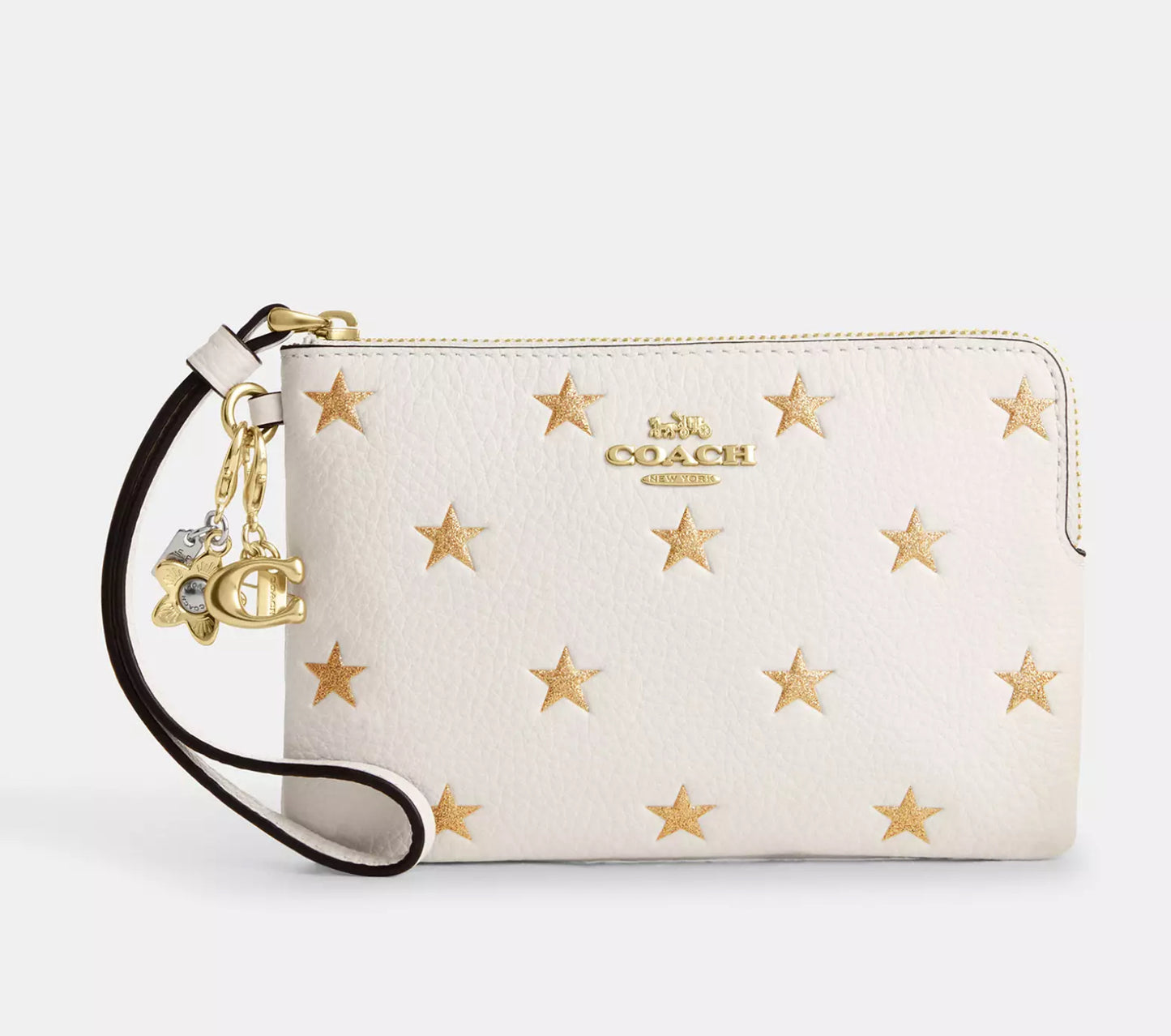 Boxed Corner Zip Wristlet With Star Print And Charms