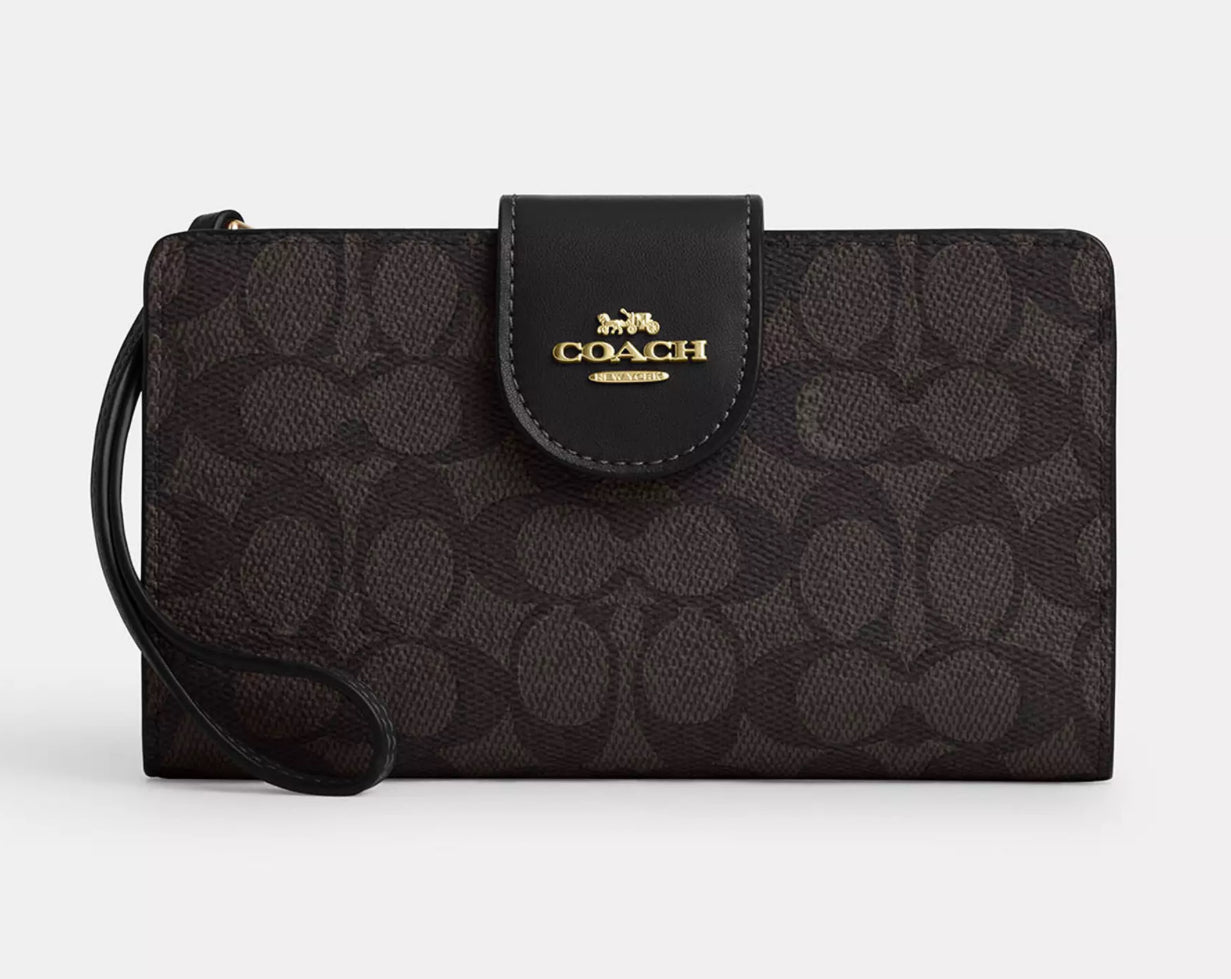 Phone Wallet COACH In Signature Canvas Gold/Walnut/Black